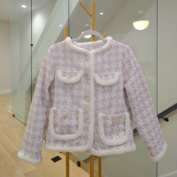 Tweed Blazer White Lilac Faux-Fur Trim Jacket - Picture 2 of 9